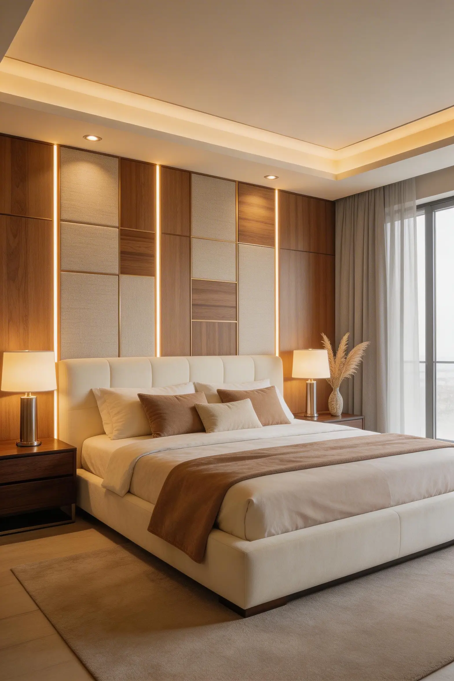 Bedroom feature wall with decorative wall panels